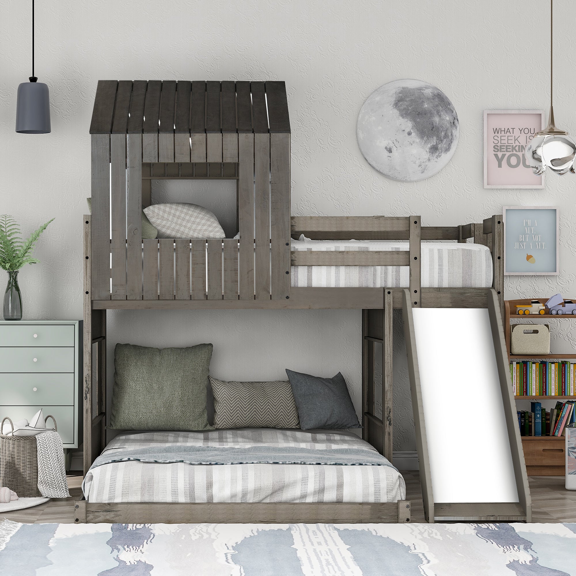 Built-in slide on playhouse bunk bed