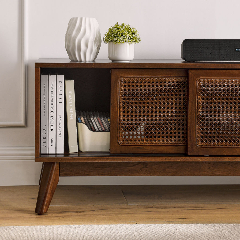 Walnut entertainment center with solid wood legs angle view