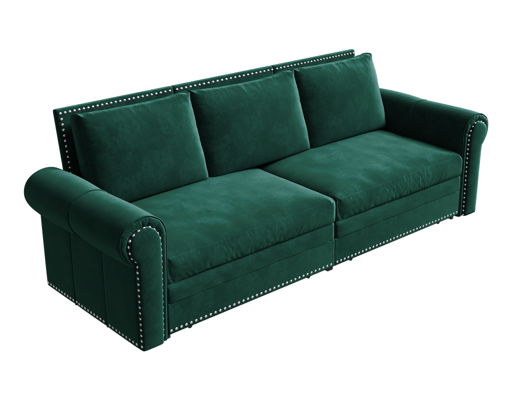 Green pull-out sofa bed in bedroom or guest room