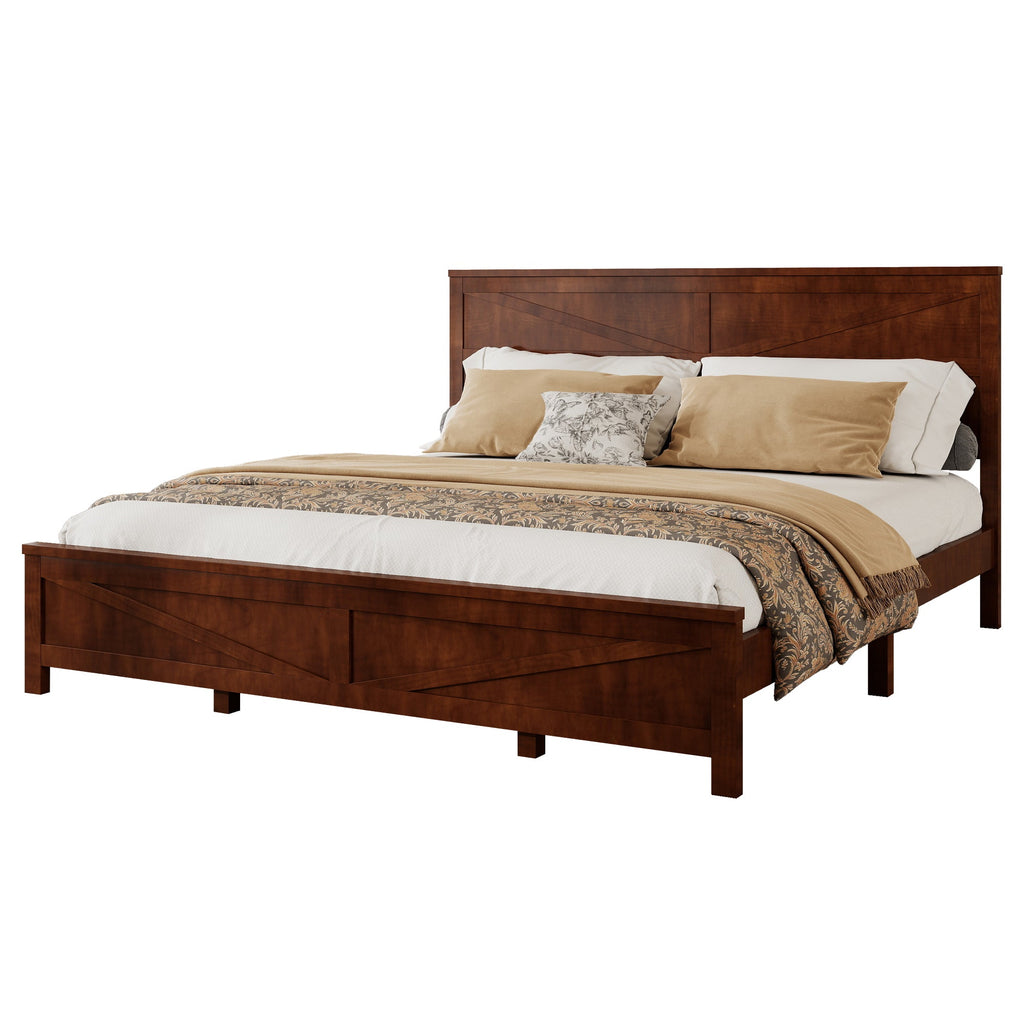 Farmhouse Style King Size Bed with Barn Door Designed Headboard and Footboard, Pinewood Bed with Strengthened Bed Frame,White