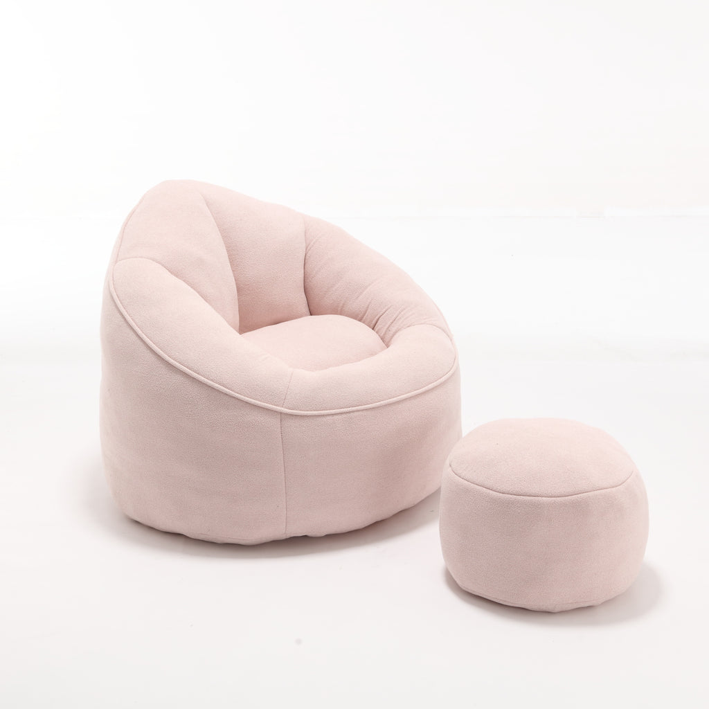 Pink microfiber bean bag sofa chair with footrest — front view