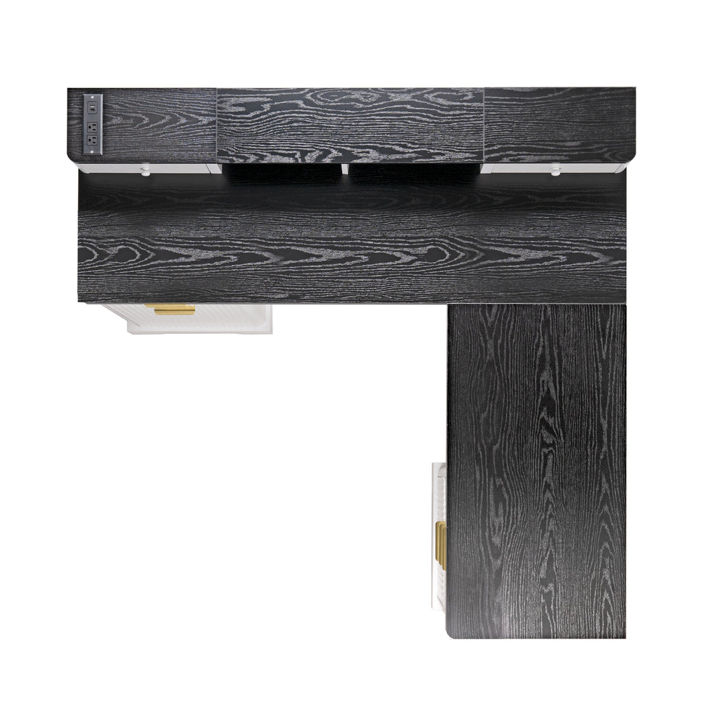 White fluted L-shaped desk in compact corner placement