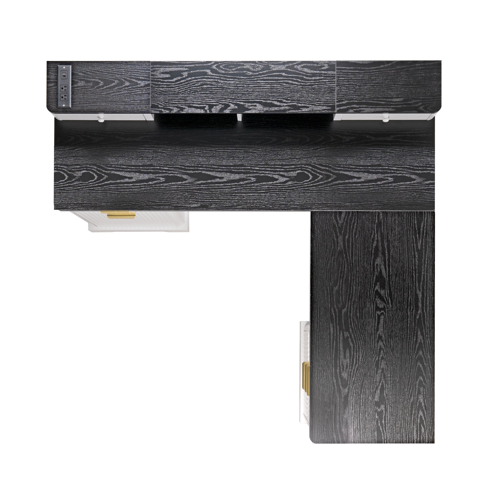 White fluted L-shaped desk in compact corner placement