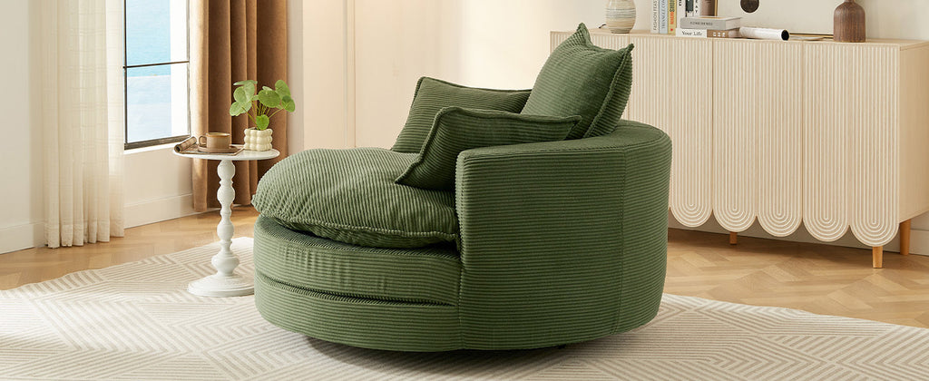 Corduroy Swivel Barrel Chair — 360° with Removable Pillows