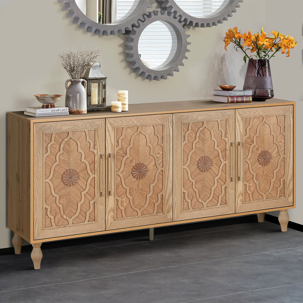 Natural wood carved flower door storage cabinet — front view