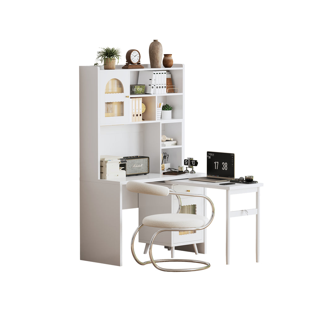 White desk rotating side panel extended workspace detail