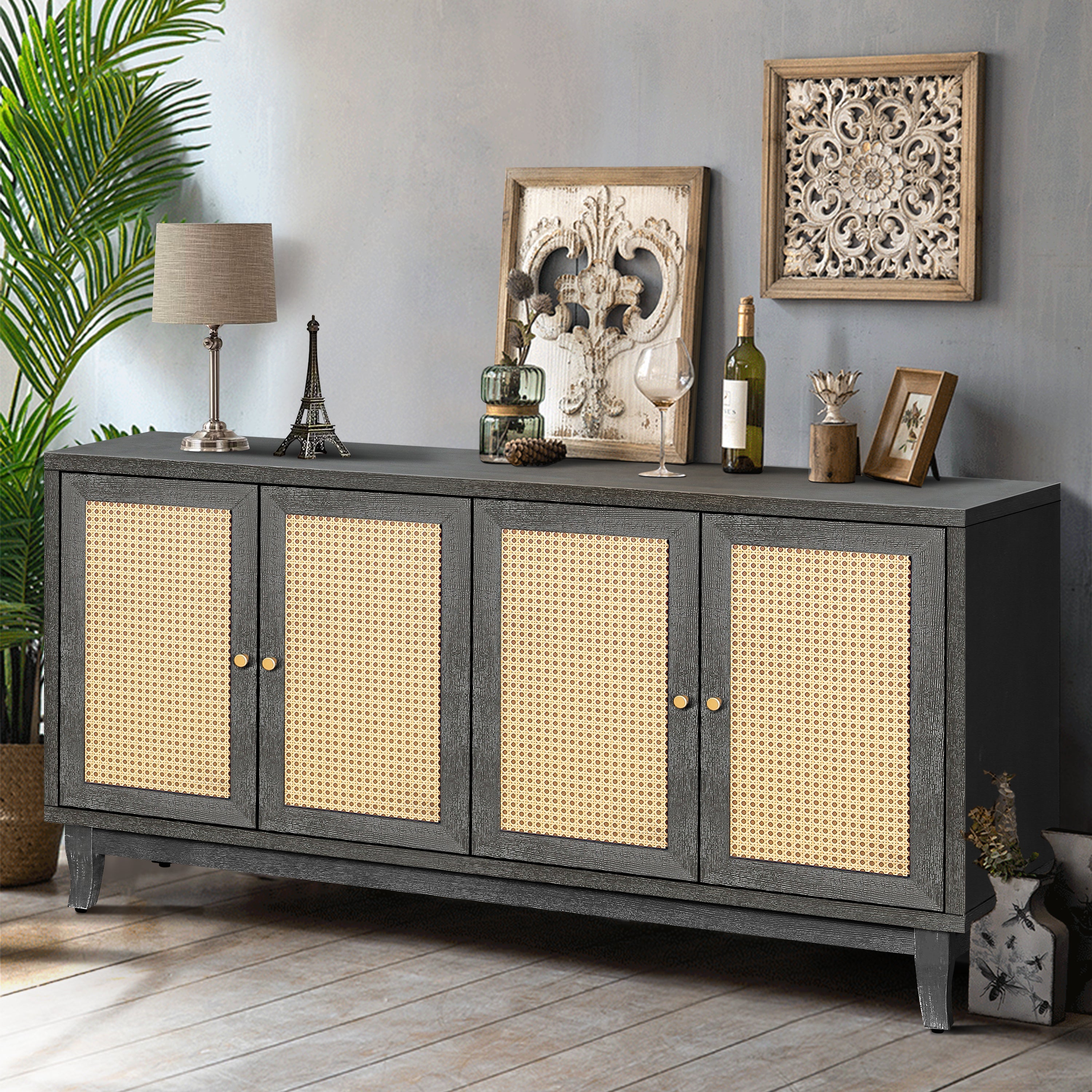 Farmhouse storage cabinet grain panel rattan doors — angle view