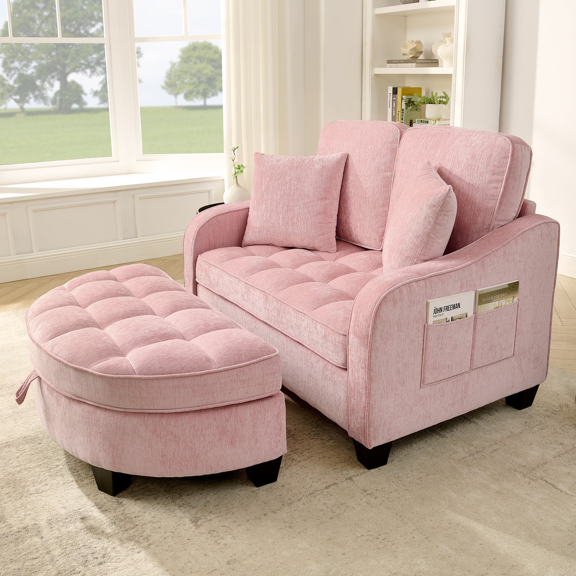 Corduroy 2-Seater Sofa Chaise — Storage Footrest & 2 Pillows, 42.7" Wide