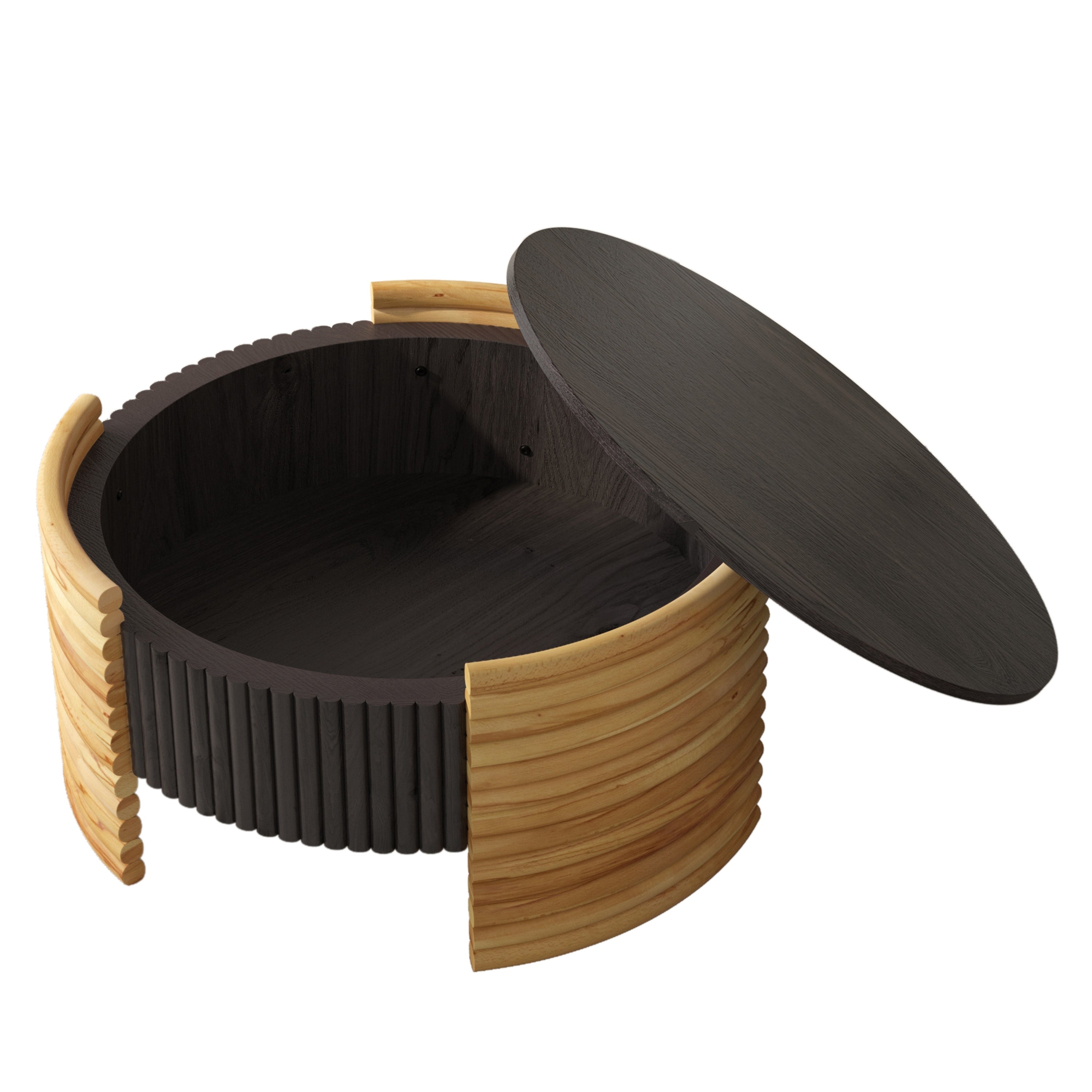 Round flip-top coffee table beside sofa living room placement