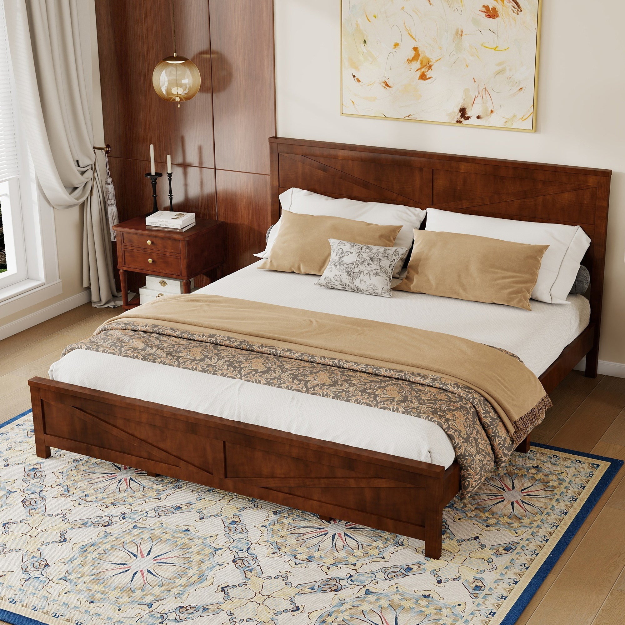 Farmhouse Style King Size Bed with Barn Door Designed Headboard and Footboard, Pinewood Bed with Strengthened Bed Frame,White