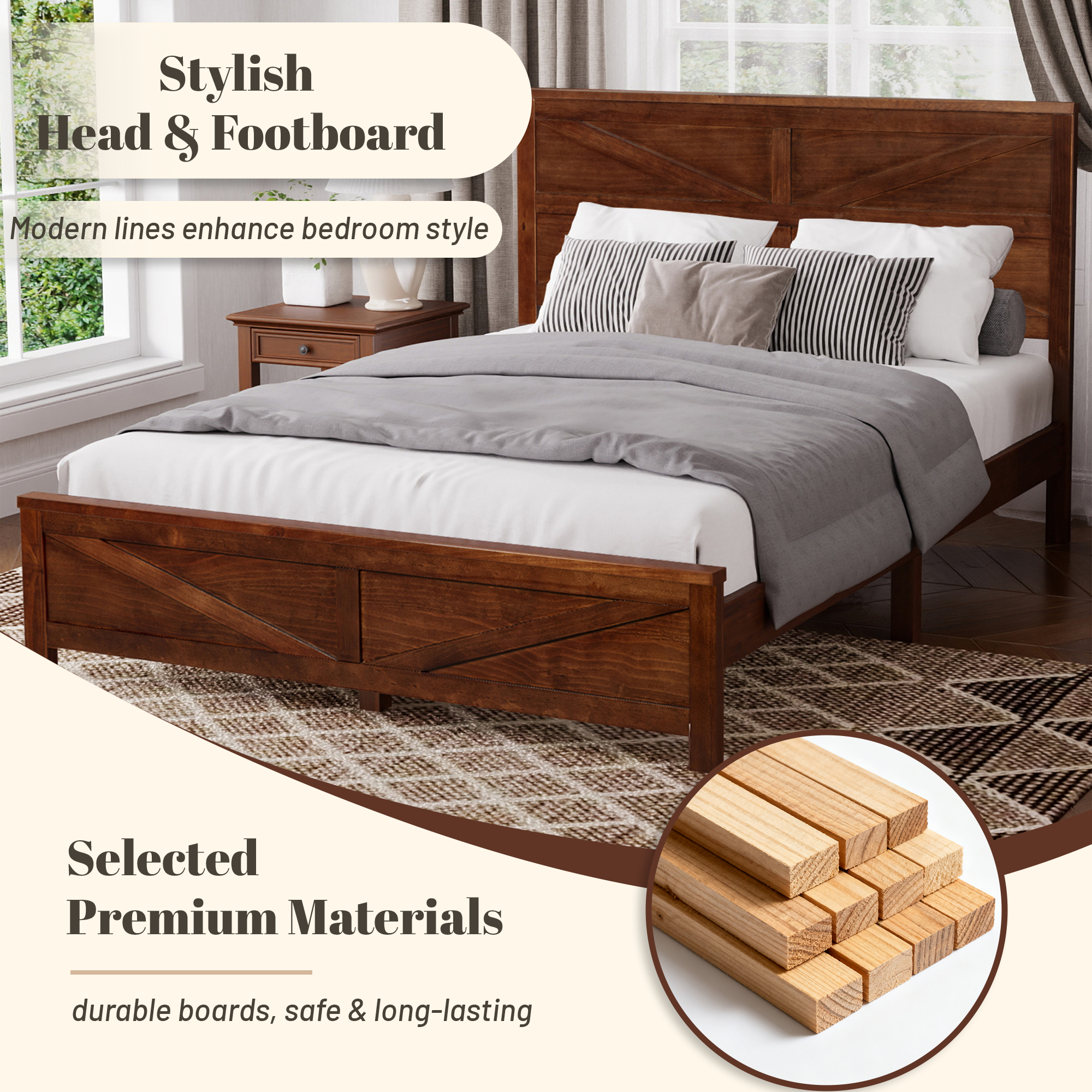 Farmhouse Style Queen Size Bed with Barn Door Designed Headboard and Footboard, Pinewood Bed with Strengthened Bed Frame ,White