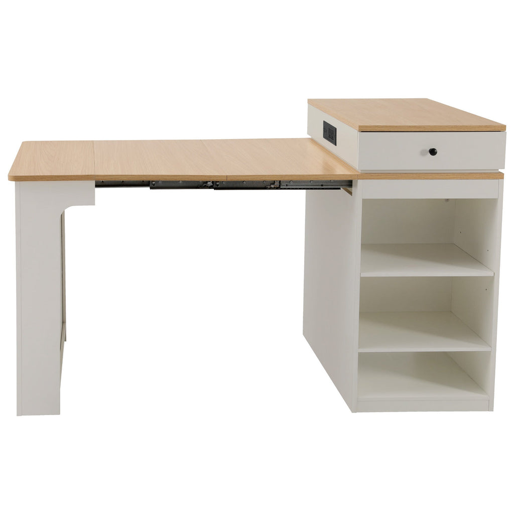 K&K 59.5' Kitchen Island with Extendable Dining Table, Kitchen Storage Table with Double-sided Storage, Kitchen Island with 2 Drawers, Power Outlet, Side Open Shelves, for Kitchen, Dining Room, Black