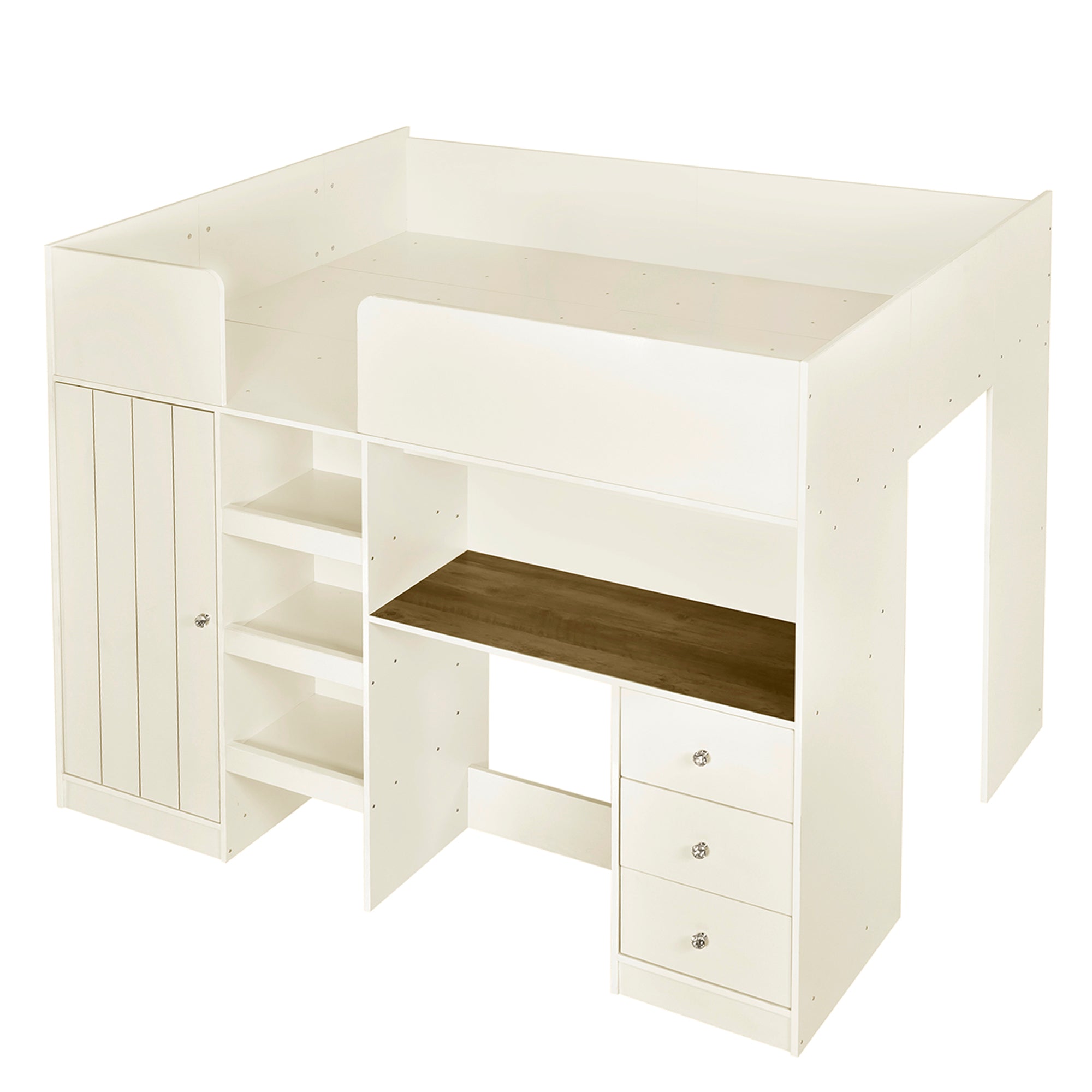 Beige loft bed frame and guardrail detail
