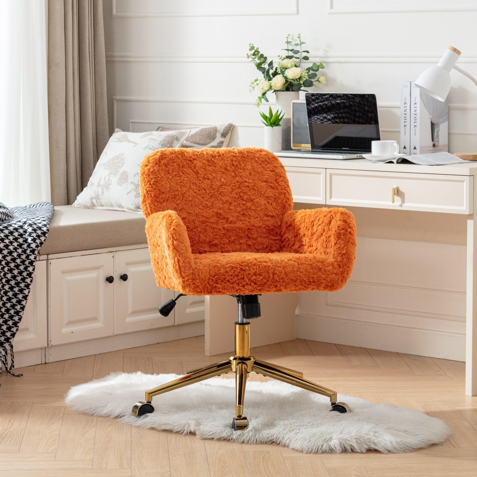Faux Fur Office Chair — 40° Reclining with Gold Metal Base & Wheels