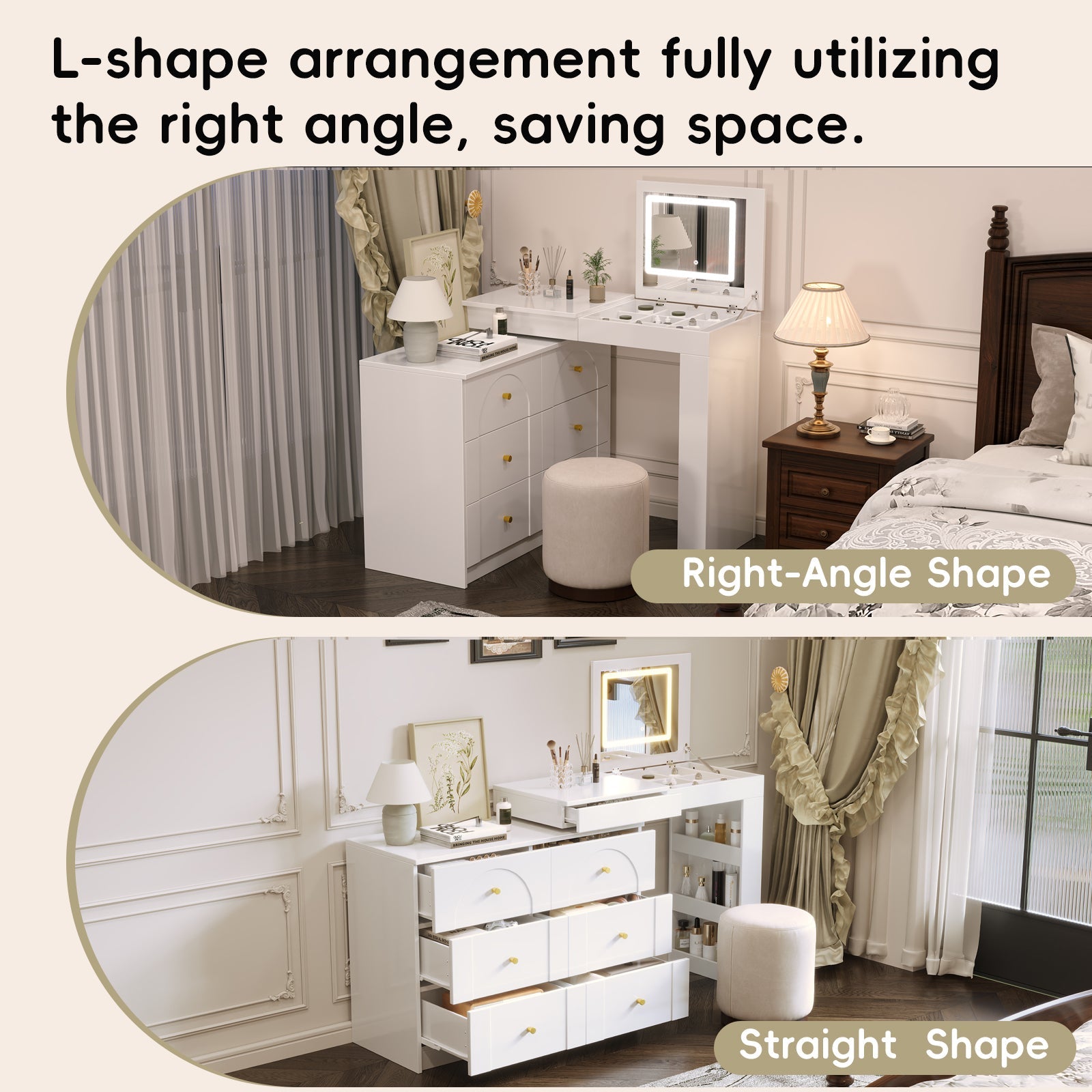 Vanity Desk with Mirror and Lights, Makeup Vanity Table with Flip-Top Tabletop and Storage 7 Drawers, 9 Compartments, 3 Shelves, 3 Color Modes Adjustable Makeup Table for Bedroom, Walnut (N733P279096)