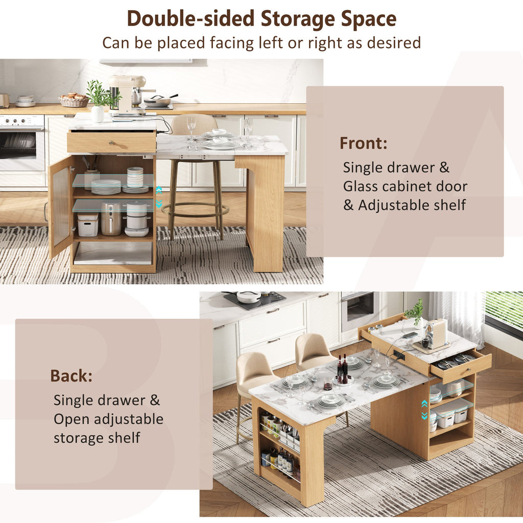 K&K 59.5' Kitchen Island with Extendable Dining Table, Kitchen Storage Table with Double-sided Storage, Kitchen Island with 2 Drawers, Power Outlet, Side Open Shelves, for Kitchen, Dining Room, Black
