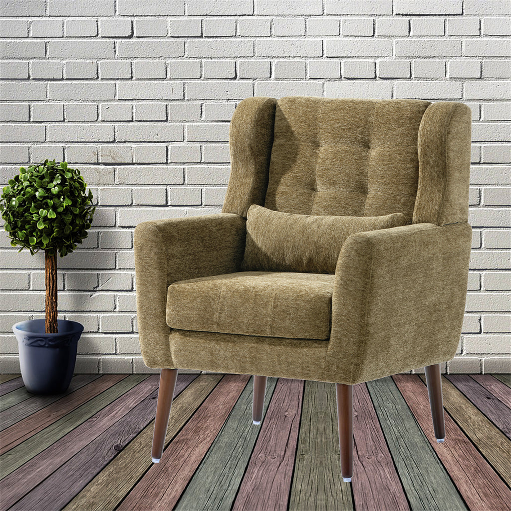 Upholstered accent chair rubberwood legs close-up
