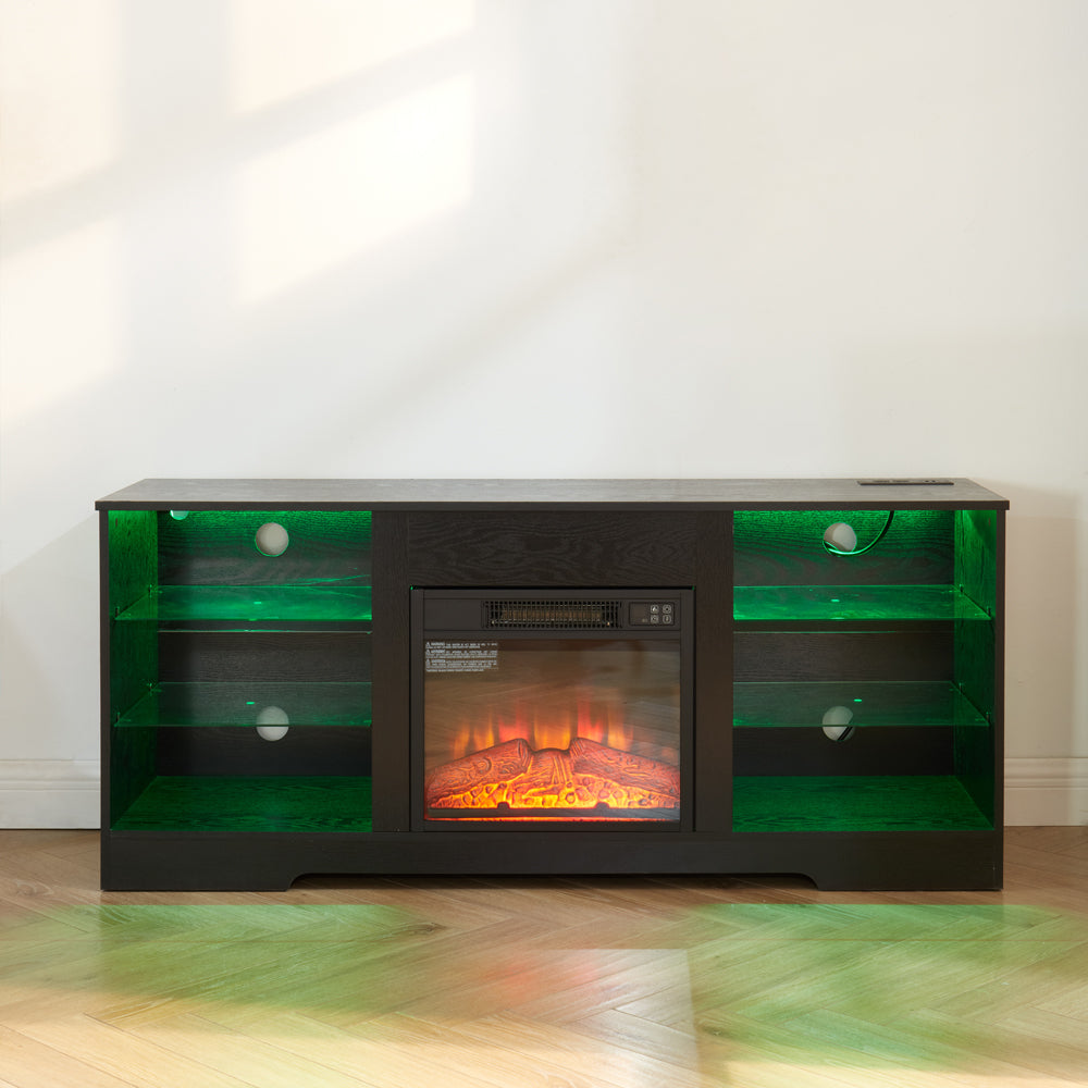 TV Stand with Electric Fireplace — Glass Shelves & USB Outlets for TVs Up to 62"