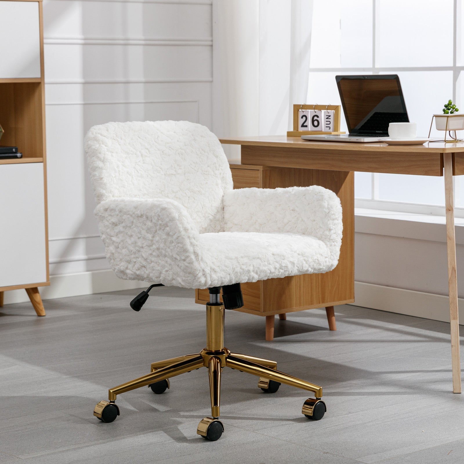 Faux Fur Office Chair — 40° Reclining with Gold Metal Base & Wheels