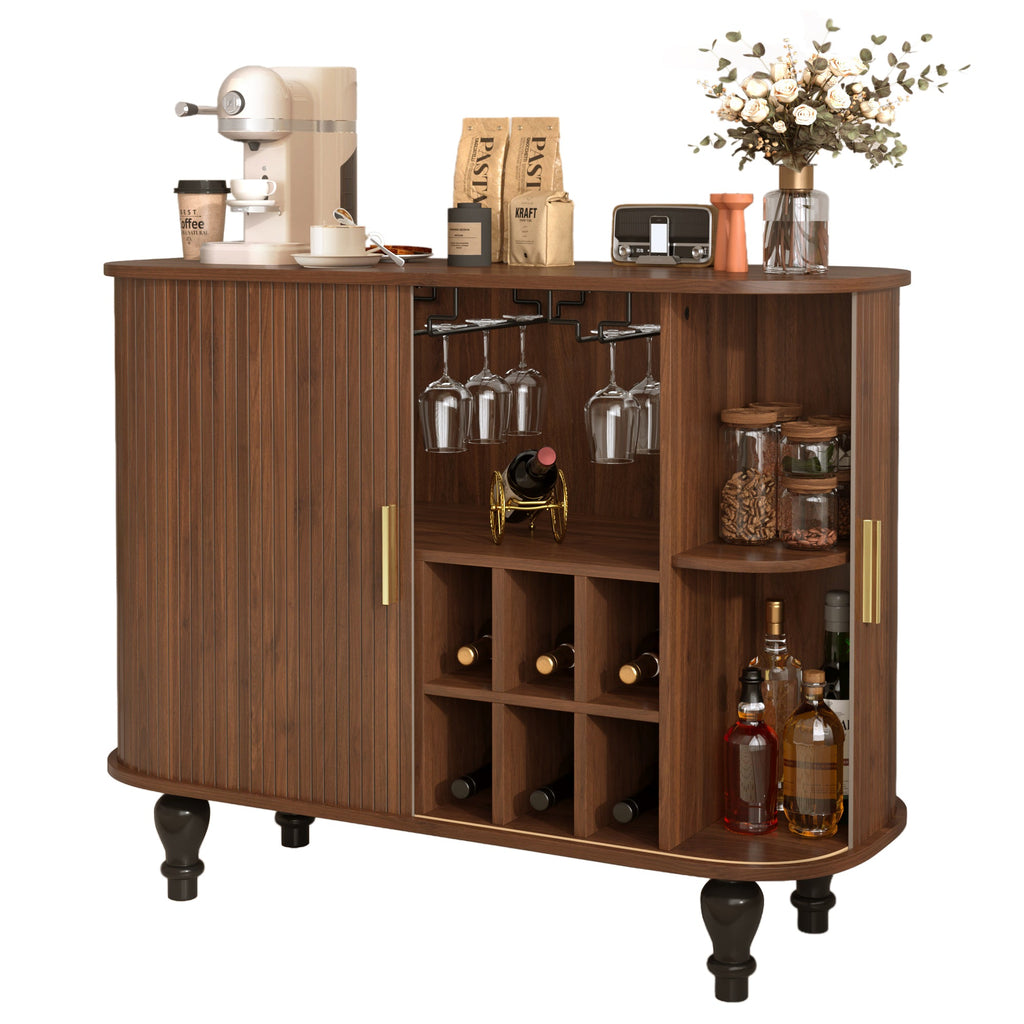 39' Fluted Liquor & Coffee Bar Cabinet with 6 Wine Racks and 3 Glass Holders, Mid-Century Modern Bar Cabinet with A Large Storage Drawer ,4 Hidden Storage Space on the Side , Black