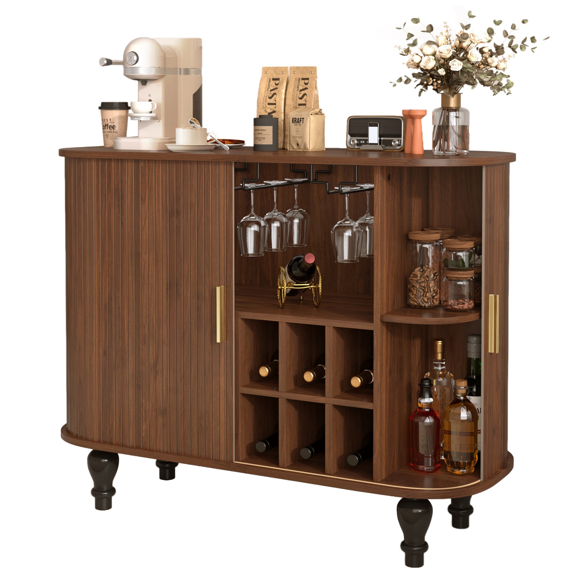 39' Fluted Liquor & Coffee Bar Cabinet with 6 Wine Racks and 3 Glass Holders, Mid-Century Modern Bar Cabinet with A Large Storage Drawer ,4 Hidden Storage Space on the Side , Black
