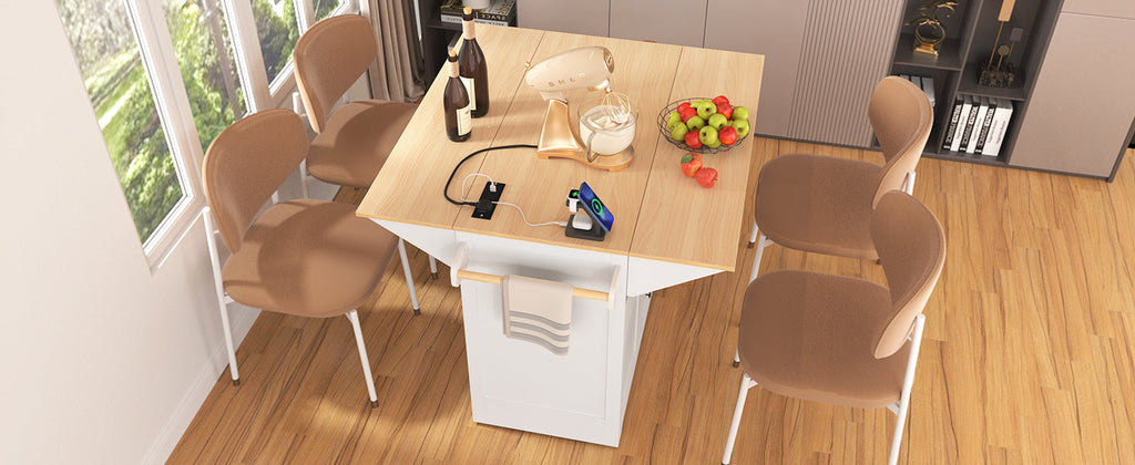 K&K 55.7'' Large Kitchen Island with 2 Drop Leaf,, Rolling Kitchen Cart on 5 Wheels with Power Outlet, Folding Storage Dining Table with Spice & Towel Rack , 3 Drawers, for Kitchen, Dining Room,Black