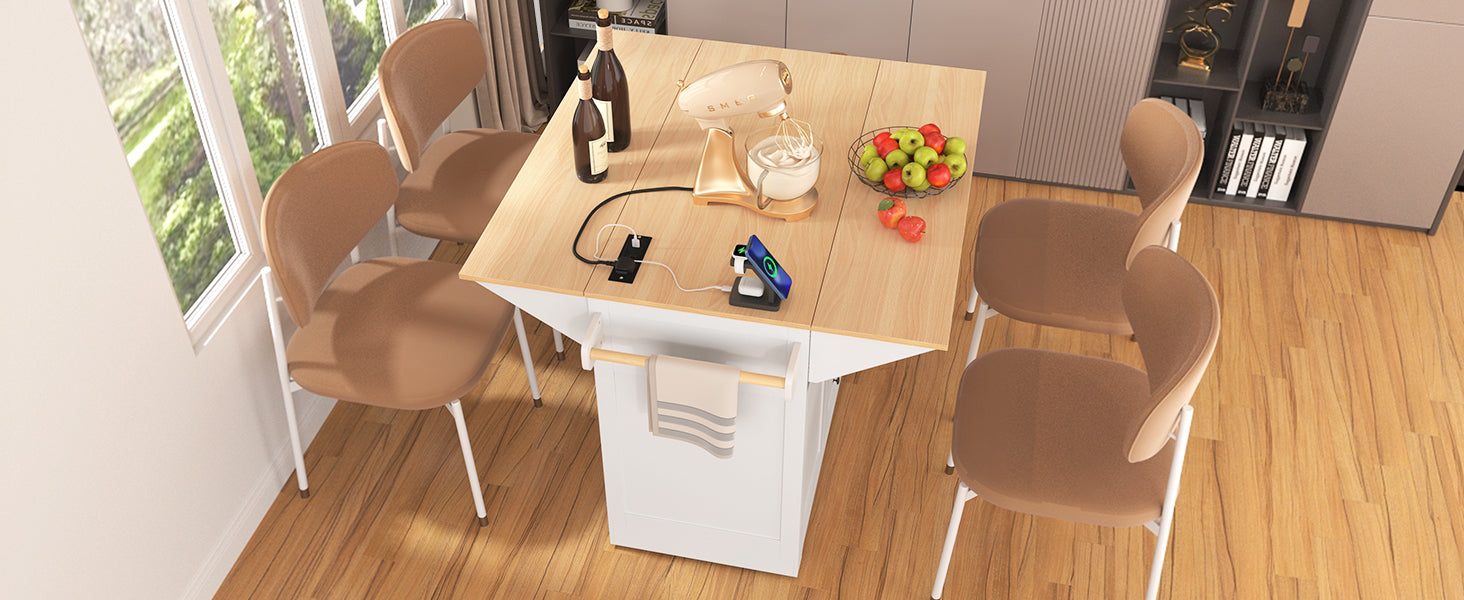 K&K 55.7'' Large Kitchen Island with 2 Drop Leaf,, Rolling Kitchen Cart on 5 Wheels with Power Outlet, Folding Storage Dining Table with Spice & Towel Rack , 3 Drawers, for Kitchen, Dining Room,Black