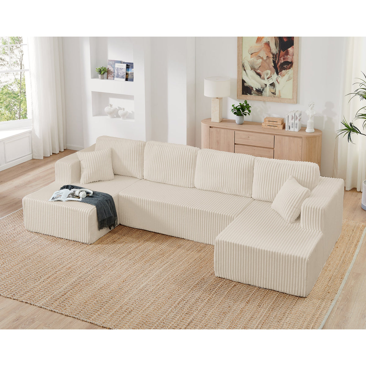 U shape Modular Sectional Sofa, Compressed Sectional Sofa Modern Minimalist Style Corduroy Couch, Sleeper Sofa for Living Room, Bedroom, Comfy Compressed Sofa Couch Space-Efficient Design-green
