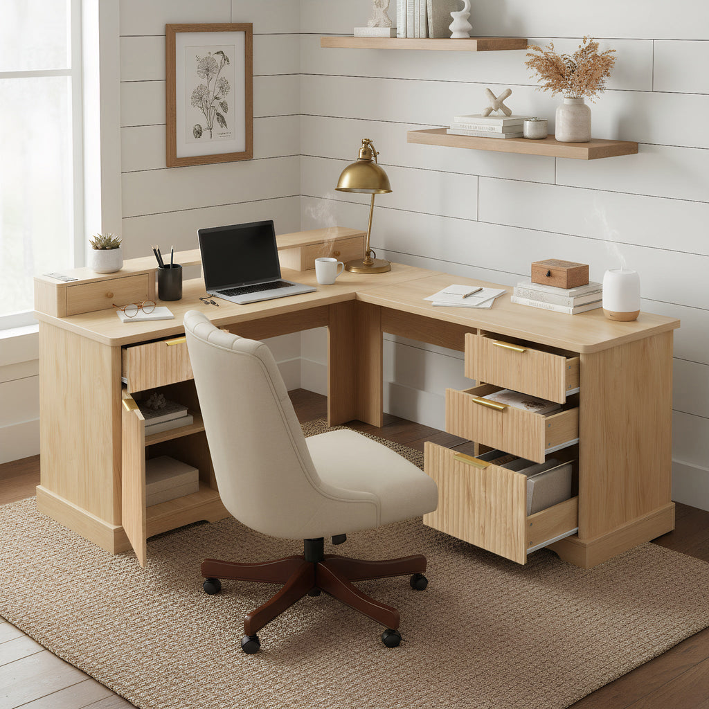 Fluted L-Shaped Desk with Charging Station, Monitor Stand & File Drawer — 59-Inch