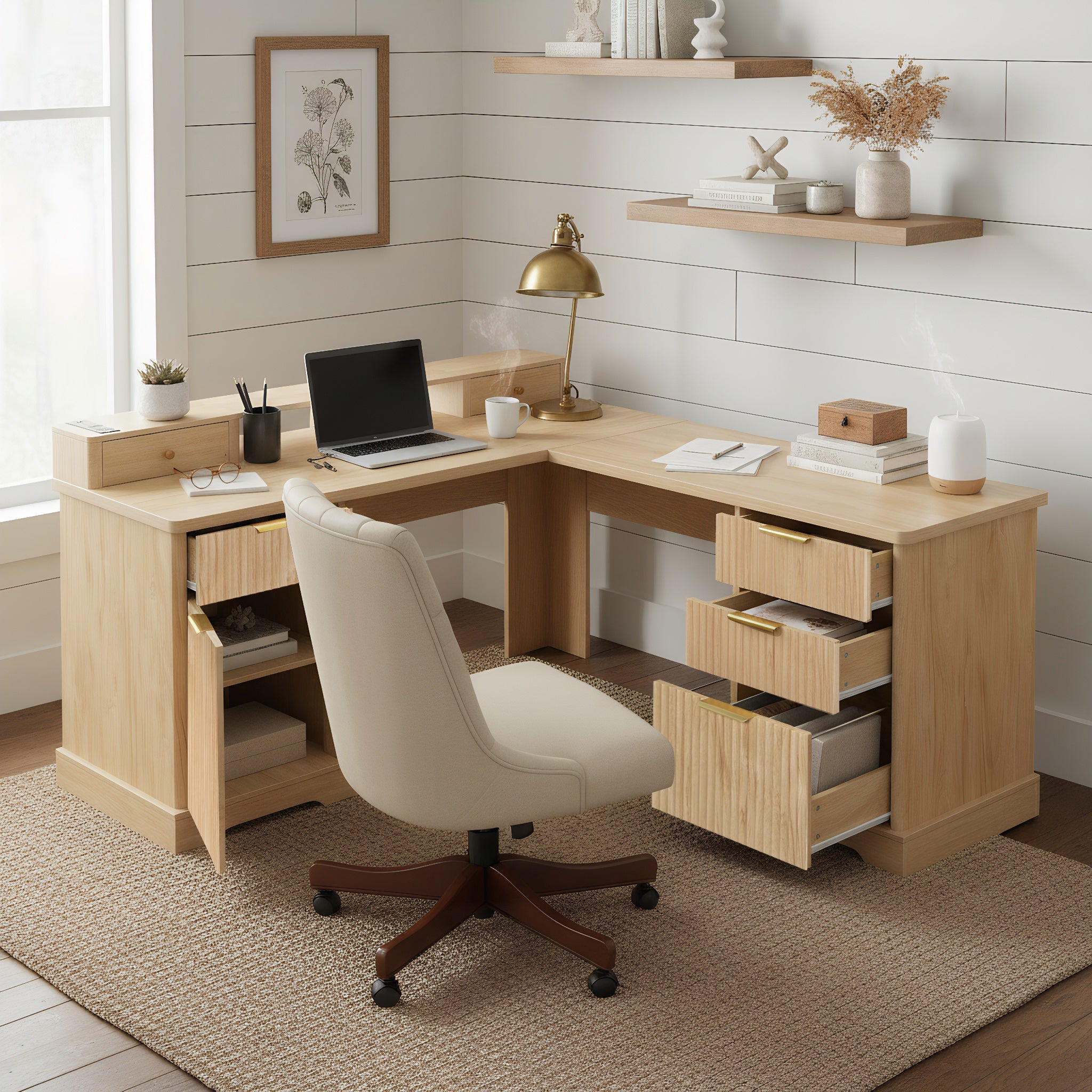 Fluted L-Shaped Desk with Charging Station, Monitor Stand & File Drawer — 59-Inch