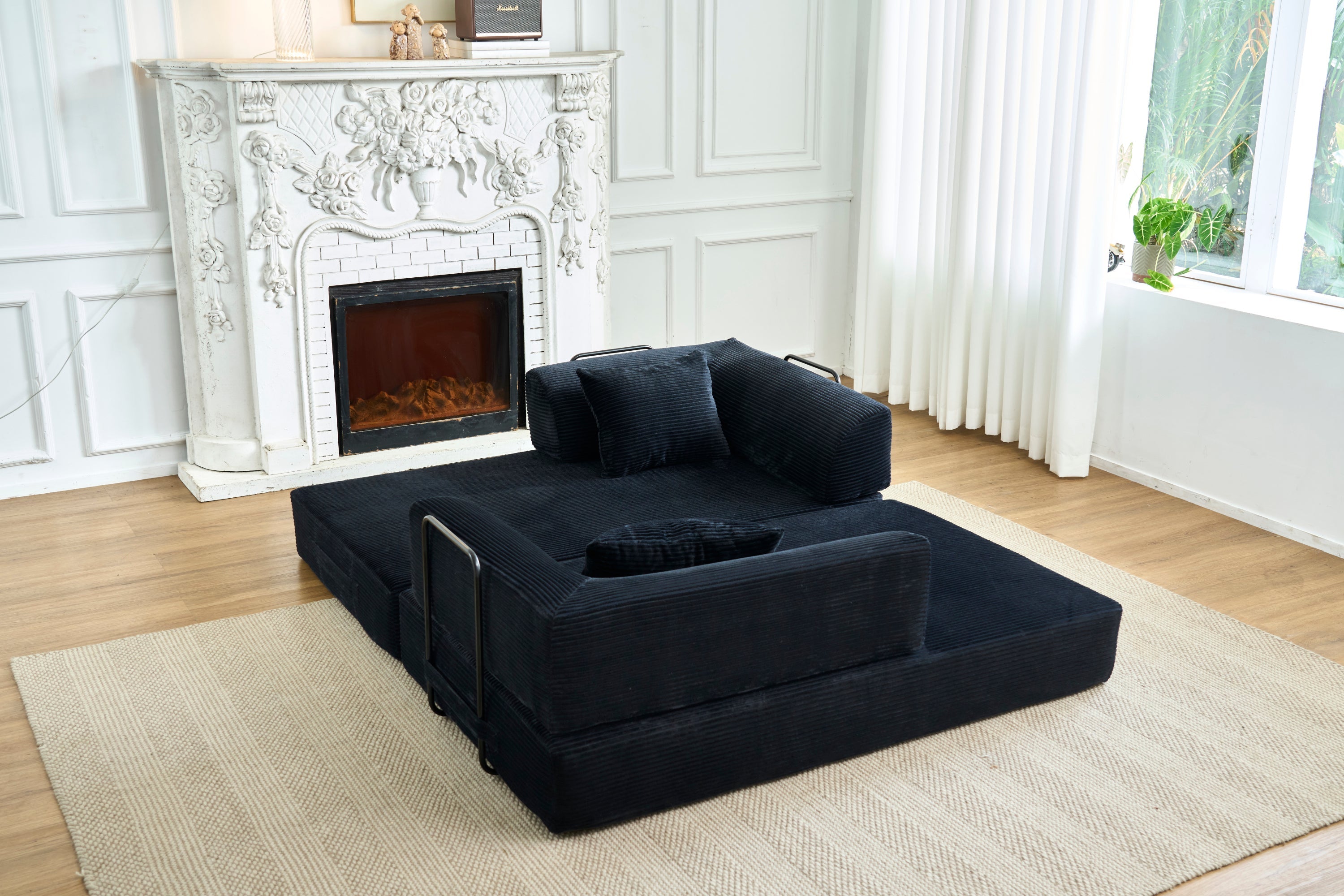 Convertible Sleeper Sofa Bed, Corduroy Folding Mattress Couch with Fixed-Shape Frame, Floor Sofa Lounge Couch Boneless Sofa for Living Room Bedroom, Light Gray