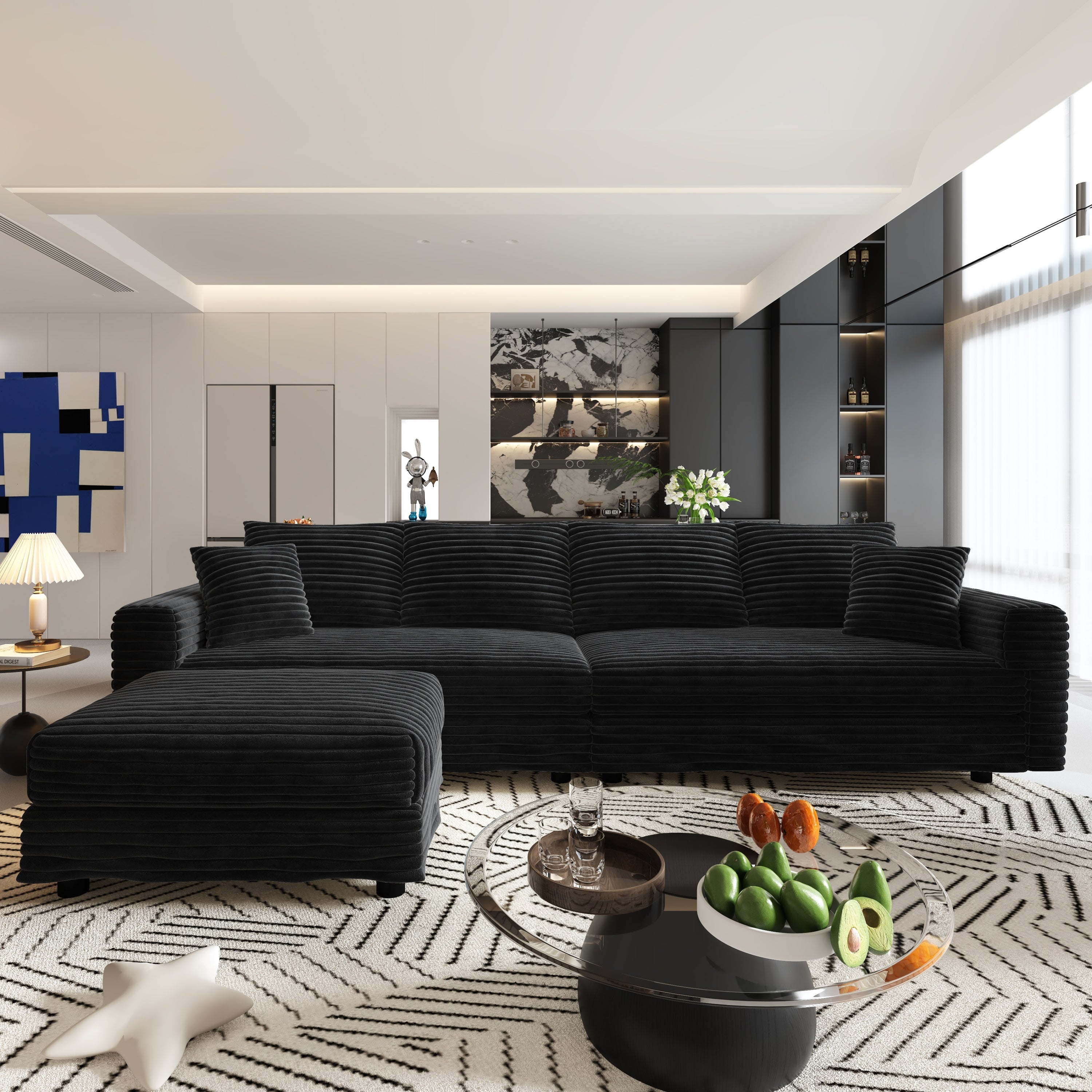 102.4 'Plush Corduroy 4-Seat Sofa,Modern Comfy Upholstered Sofa Cloud Couch,Deep Seat Couches with Soft Pillows and 3 Ottomans,Convertible Sofa Lounge Chair,Black(Old SKU:W1885S00287)