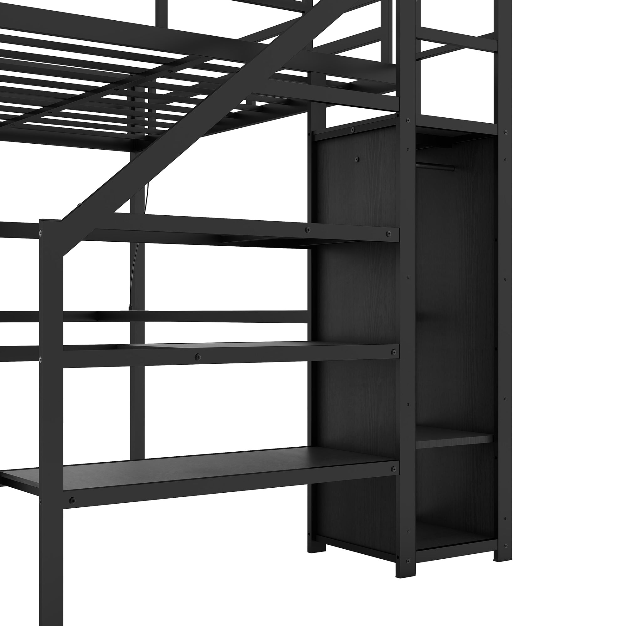 Black loft bed desk and wardrobe storage organization