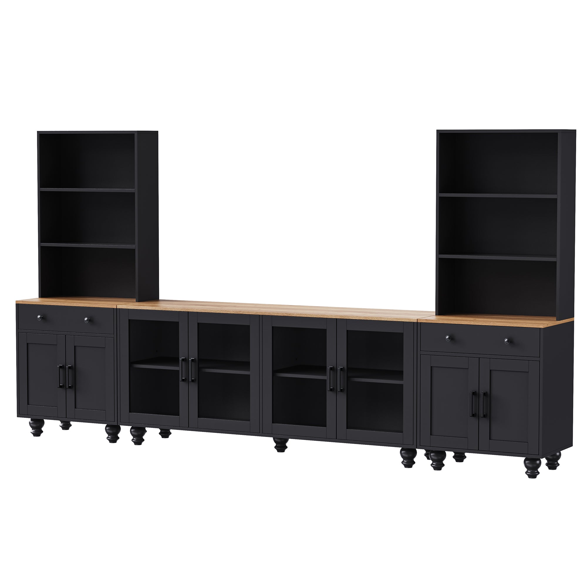 Black farmhouse entertainment center with gourd legs — front view