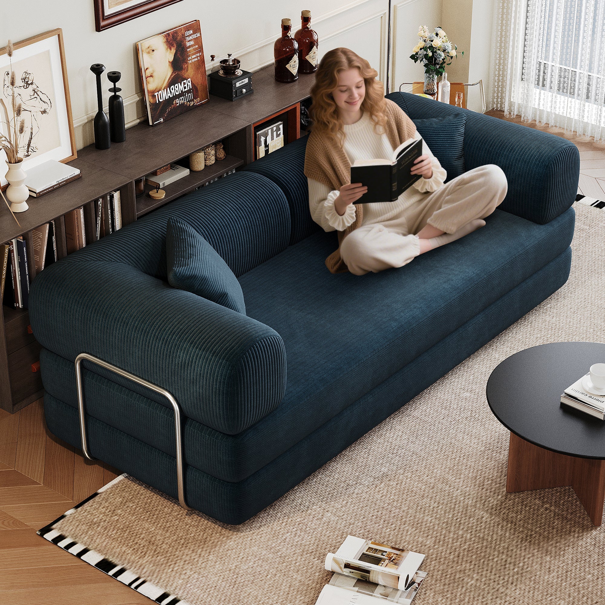 Corduroy Compression Convertible Floor Sofa Bed — Modular Loveseat, 78.8" Wide