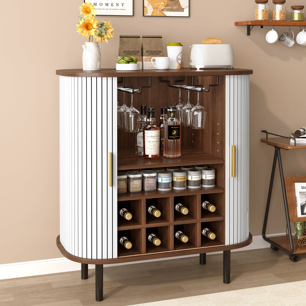 28' Fluted Wine Bar Cabinet with 8-Grid Wine Rack, 5-Level Adjustable Shelves, 2 Glass Holders, Smoothly Sliding Tambour Doors, 4 Hidden Storage Space on the Side, Modern Liquor Coffee Station, Black
