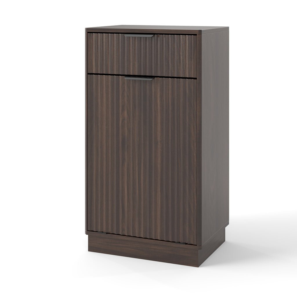 Woodgrain Tilt-Out Trash Can Cabinet with Wave-Textured Drawer & Pull-Out Bin in Walnut Finish