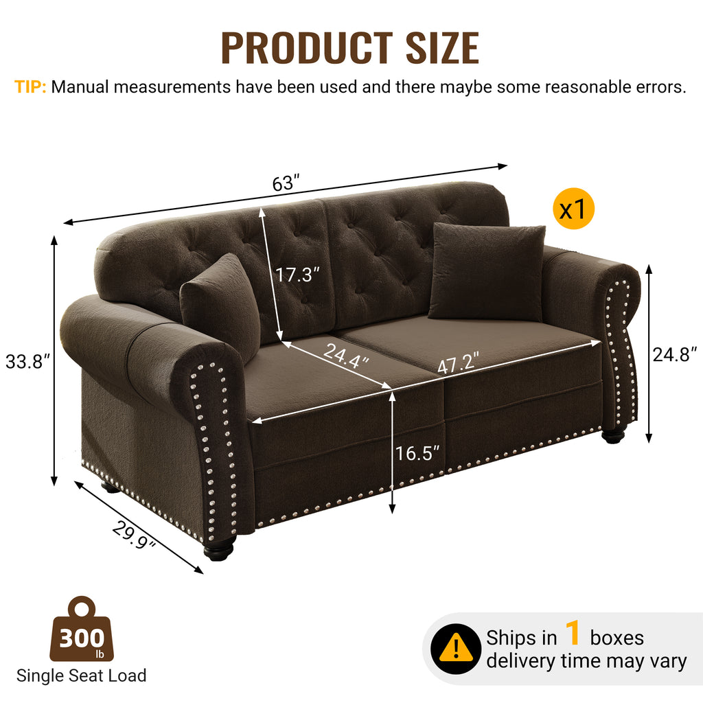 Nailhead trim detail on Chesterfield loveseat