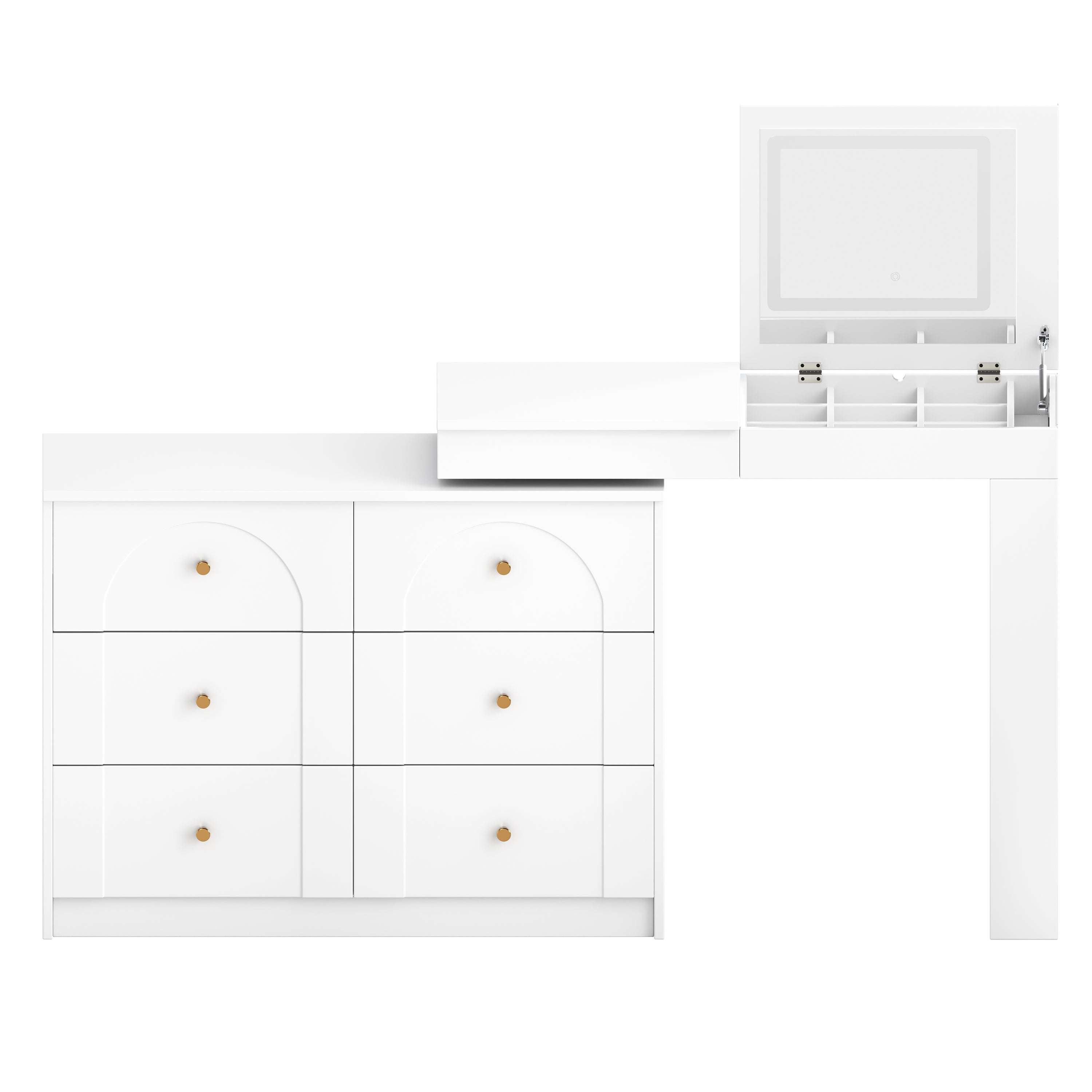 Vanity Desk with Mirror and Lights, Makeup Vanity Table with Flip-Top Tabletop and Storage 7 Drawers, 9 Compartments, 3 Shelves, 3 Color Modes Adjustable Makeup Table for Bedroom, Walnut (N733P279096)