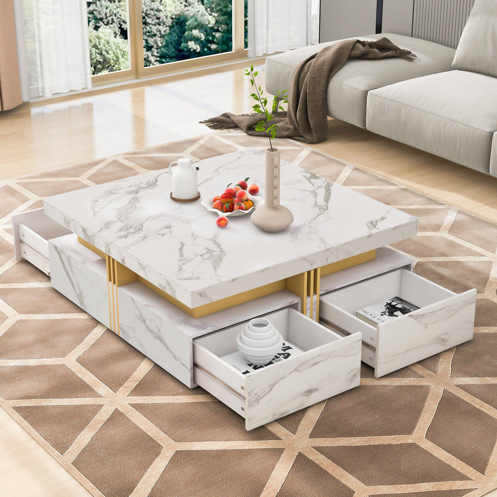 Square Storage Coffee Table — 4 Drawers & Gold Accents