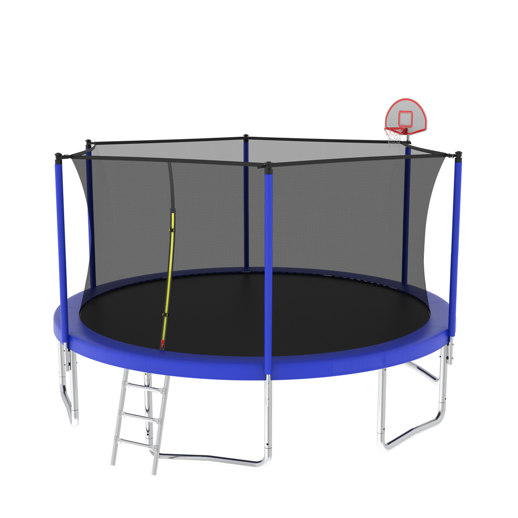 Blue trampoline 6-pole foam-padded safety enclosure detail
