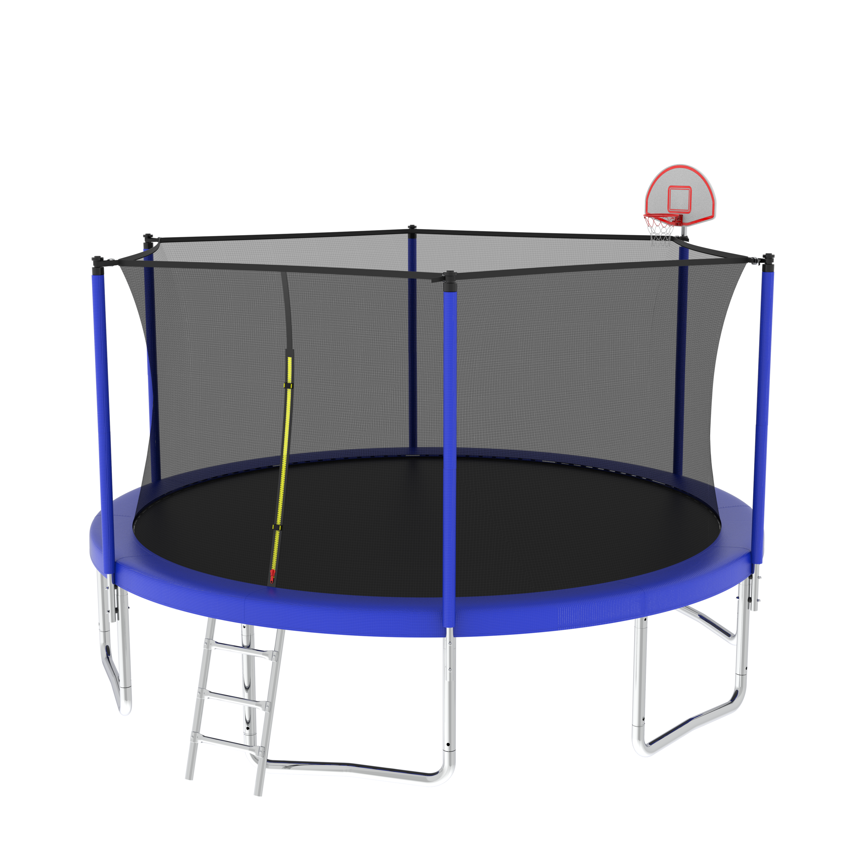 Blue trampoline 6-pole foam-padded safety enclosure detail