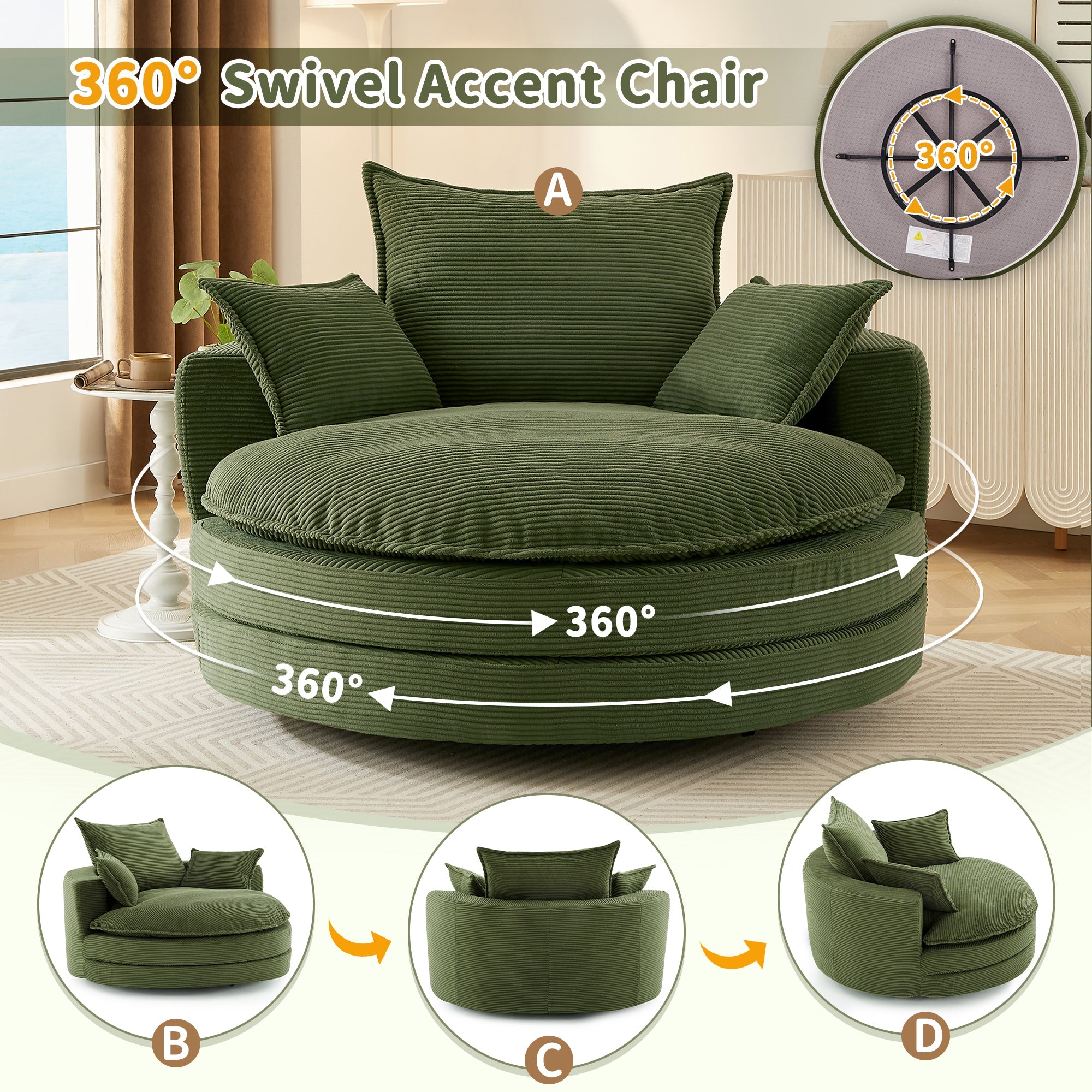 Corduroy Swivel Barrel Chair — 360° with Removable Pillows