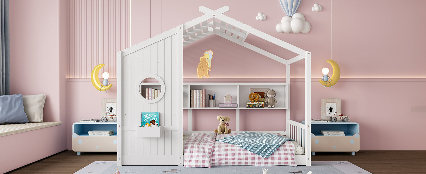 Twin Size Floor House Bed for Toddler, Kids Montessori Bed with Storage Shelf, Playhouse Bed with Roof Design, Gray