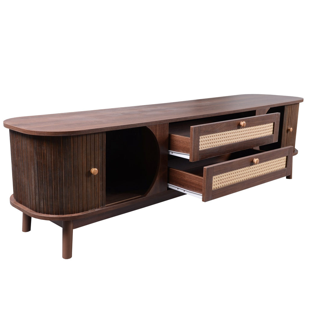 Modern Farmhouse Rattan TV Stand — for TVs Up to 75" (Natural Wood)