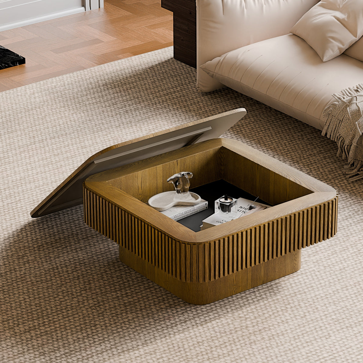 31.5'' Square Coffee Table with Storage Solid Wood Veneered Modern Coffee Table Accent Tea Table for Living Room, Bedroom, Apartment or Office, Natural Wood