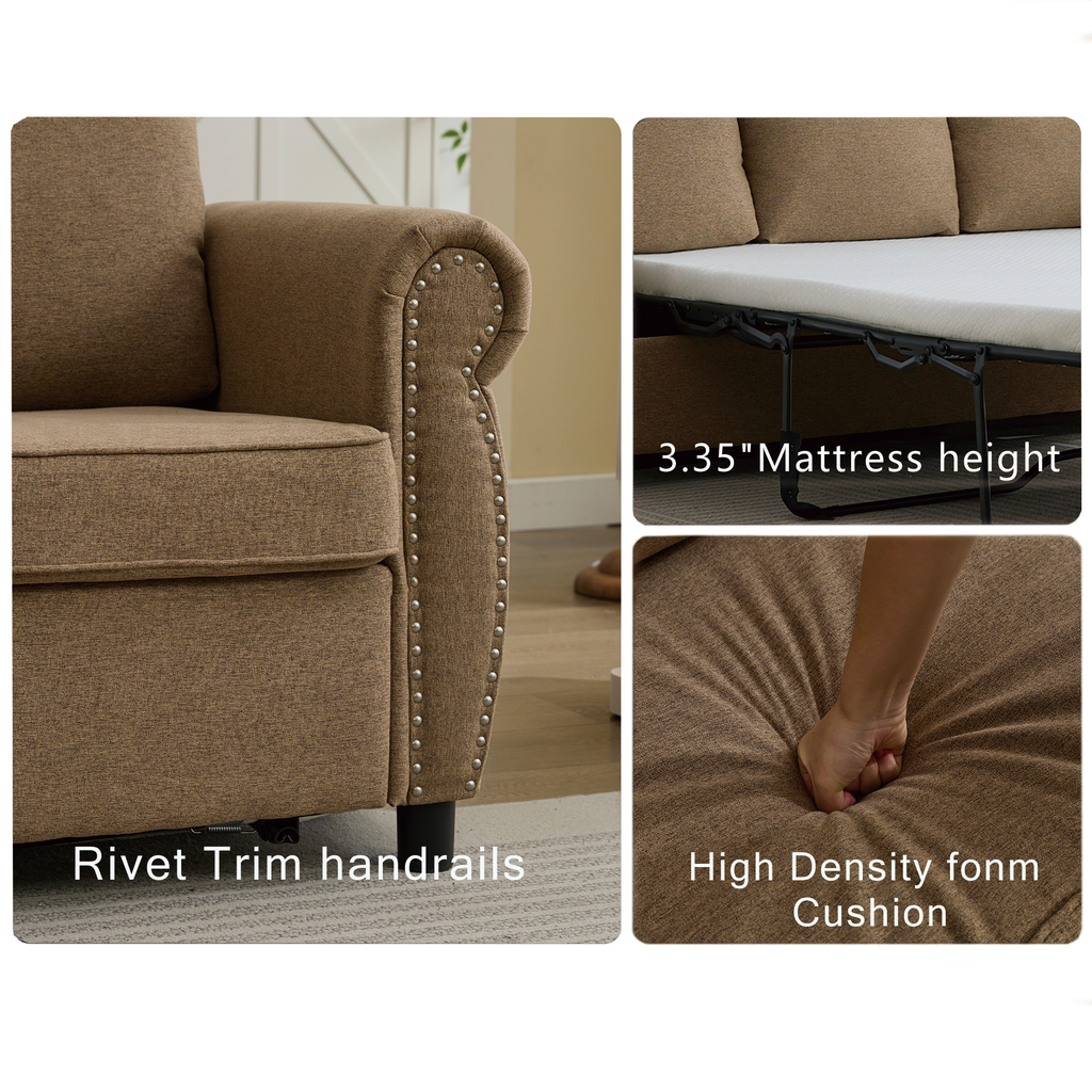 [NEW ARRIVED] [VIDEO PROVIDED] 81.5' 2-in-1 Queen Convertible Sleeper Sofa Bed, Pull Out Couch Bed,3 seater sofa bed,with 3.35' Memory Foam Mattress ,Rivet handrail,Beige(Old sku:W2108S00091)