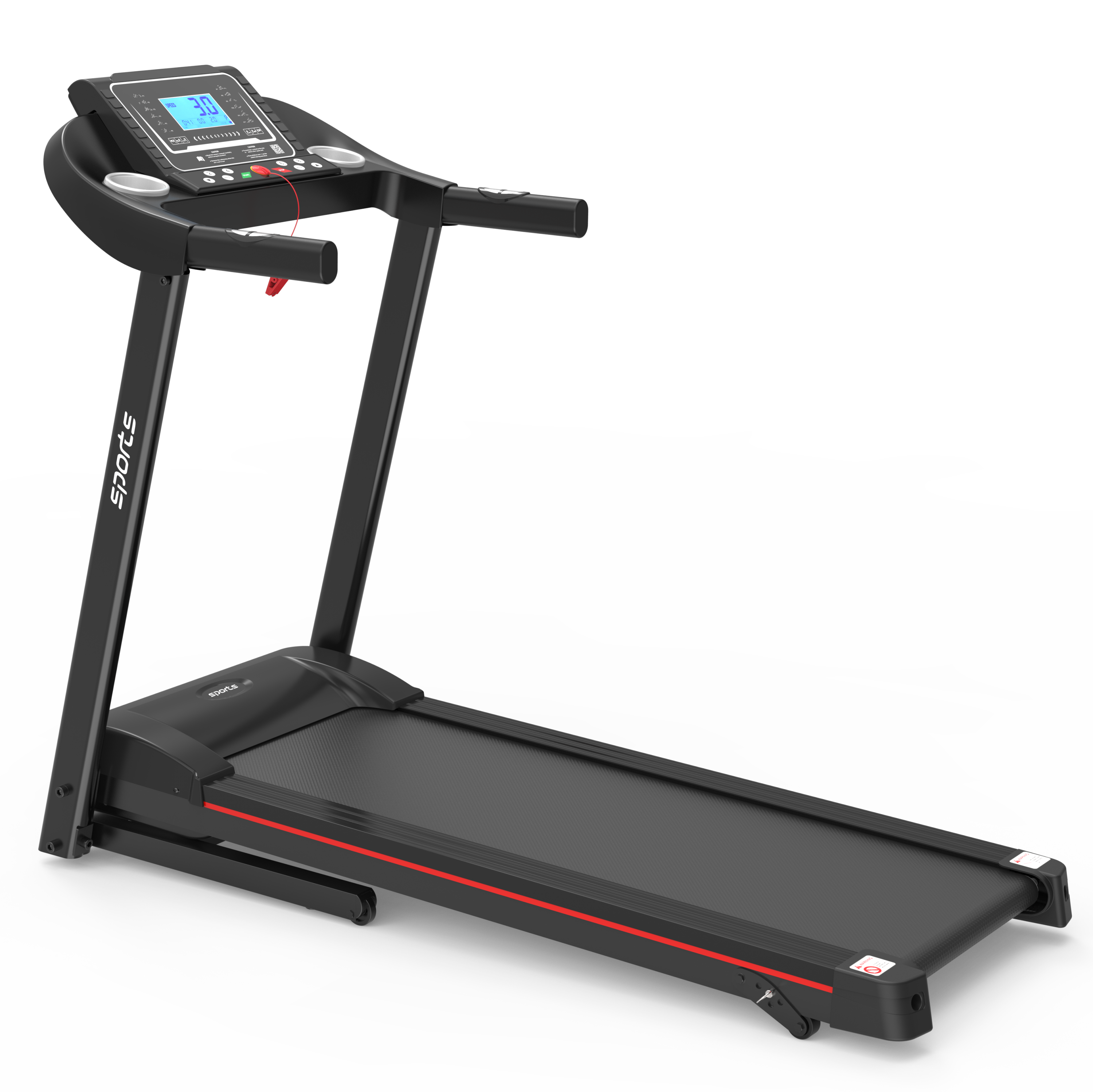 Black treadmill 2.5 HP quiet motor running belt detail