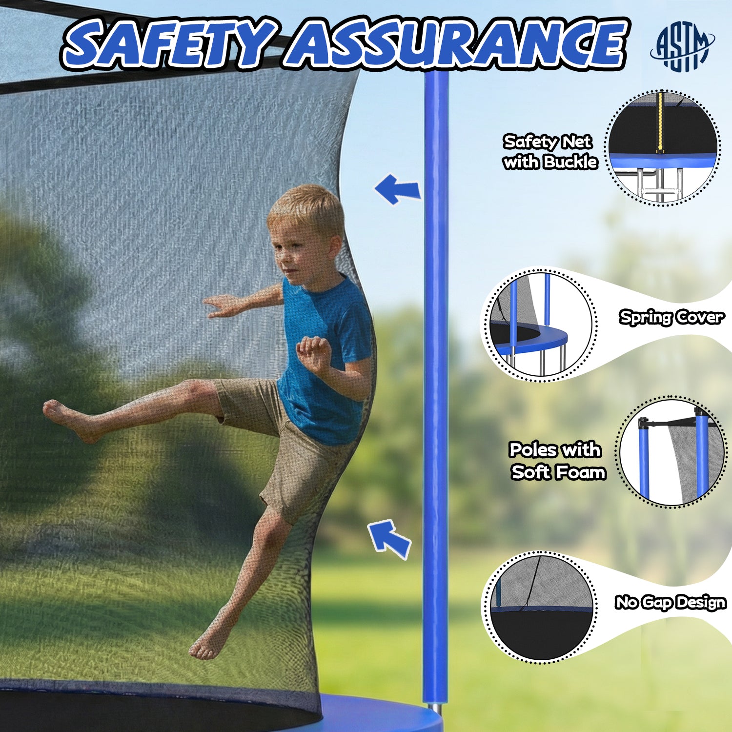 Galvanized steel round trampoline frame six W-shaped legs detail