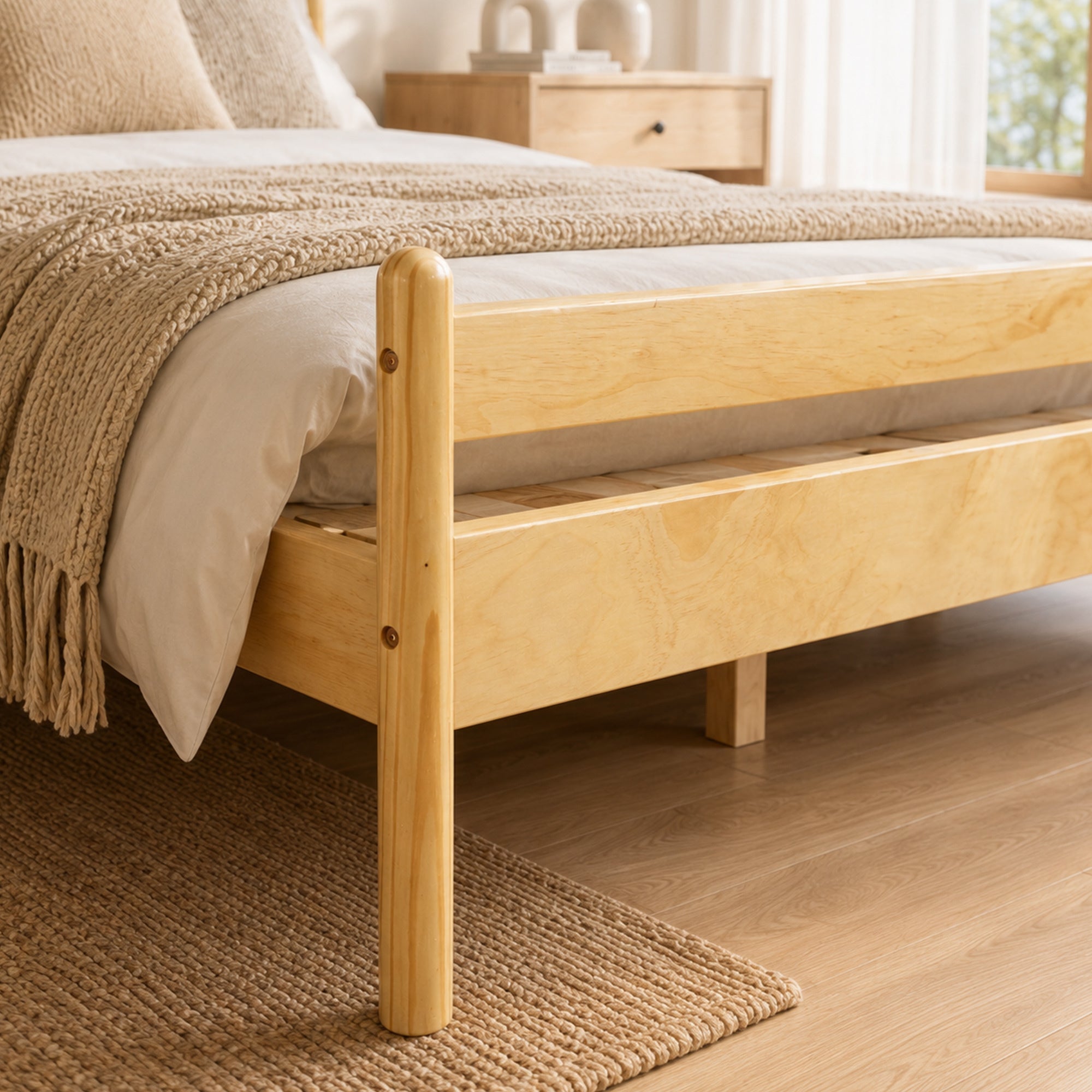 Traditional Style King Size Bed with Headboard and Footboard, Pinewood Bed with Strengthened Bed Frame,Walnut